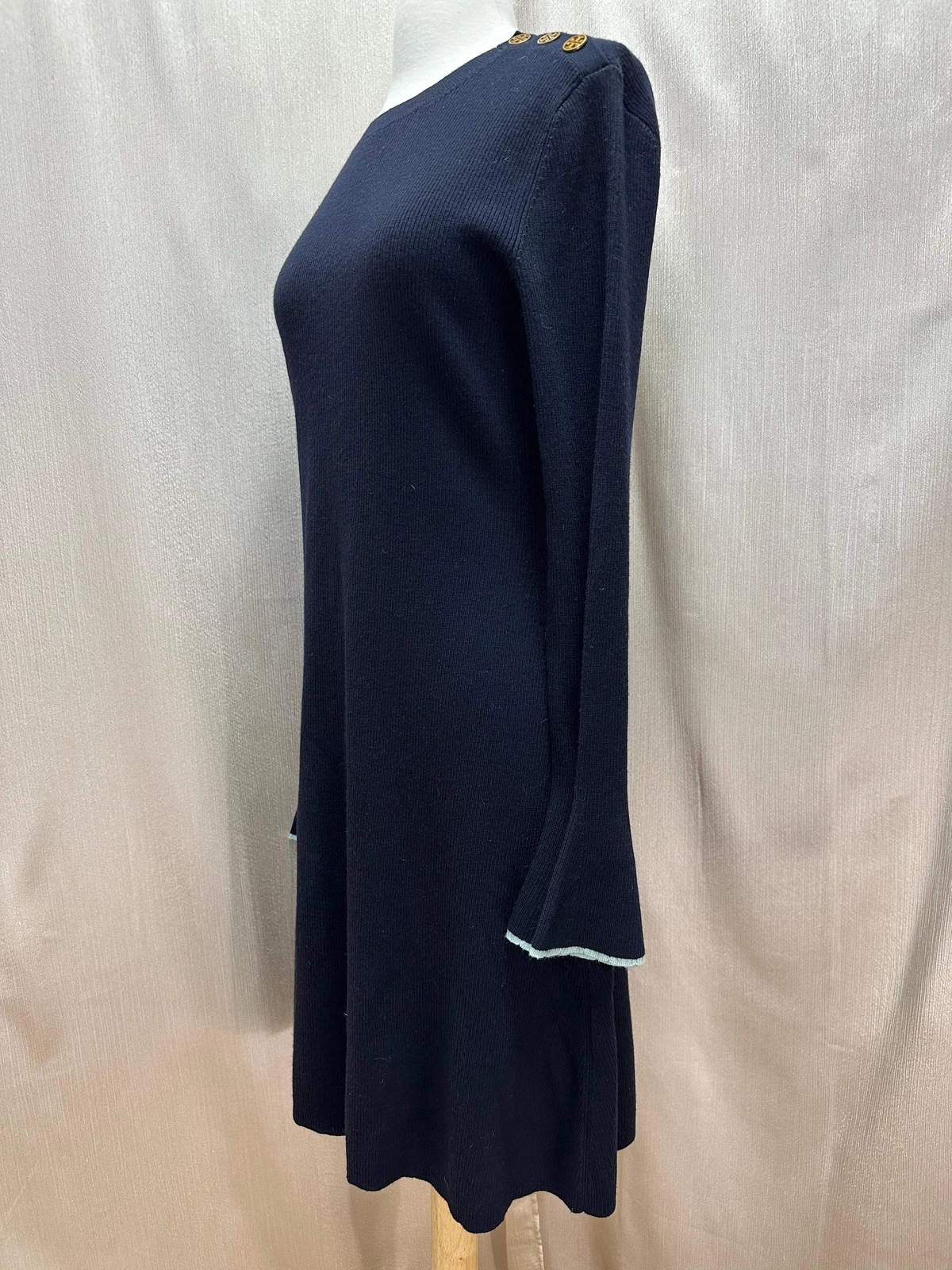 Nuovo con etichette Abito maglione TORY BURCH blu navy misto lana maniche svasate L