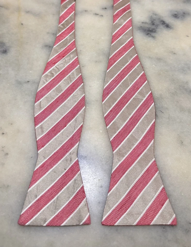 Jos A Bank Silk Linen Cotton Blend Reversible Pink Solid Striped Self Bow Tie - Image 4 of 4