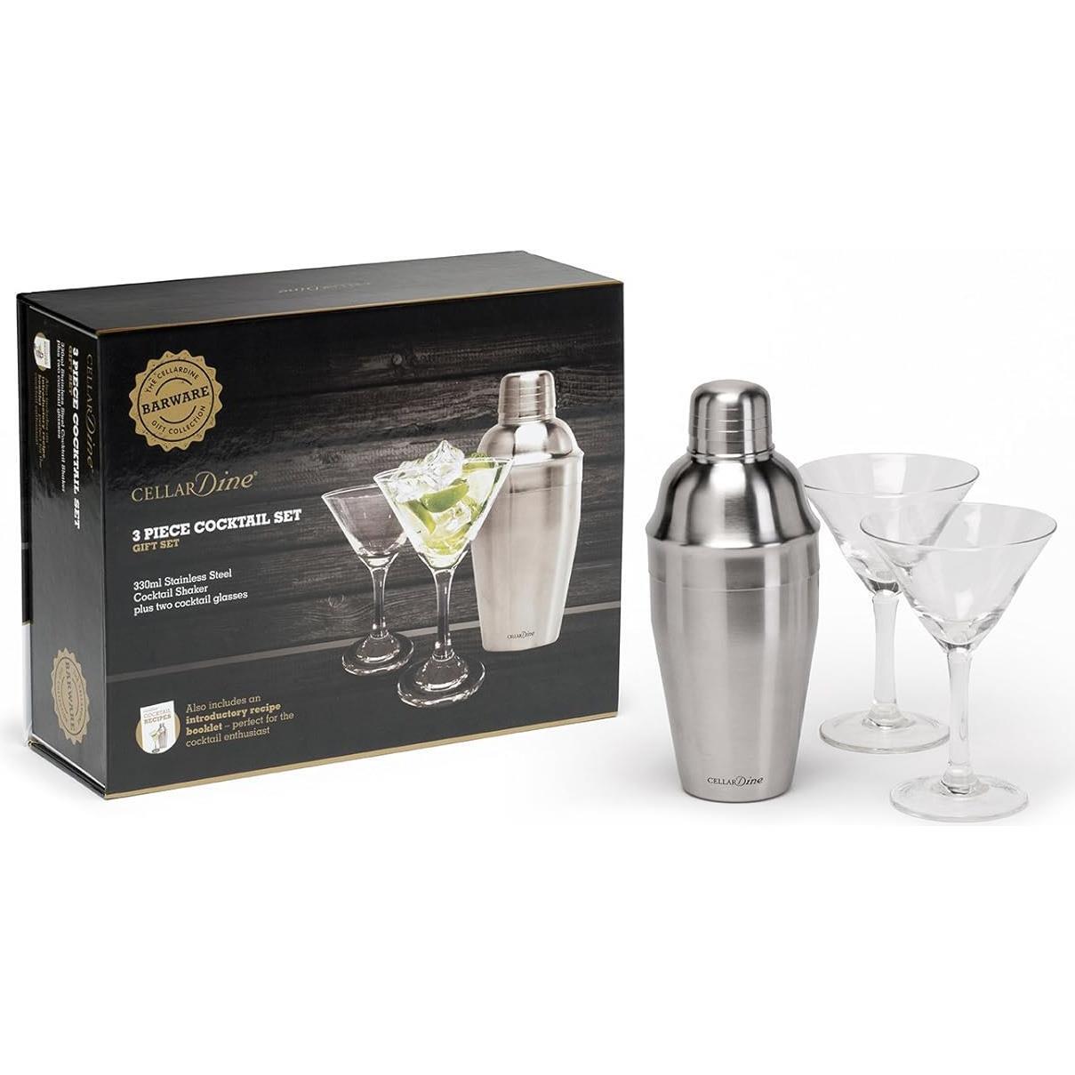 Cocktail Shaker Set Glasses Recipe Booklet Stainless Steel 3 Piece Gift 350ml