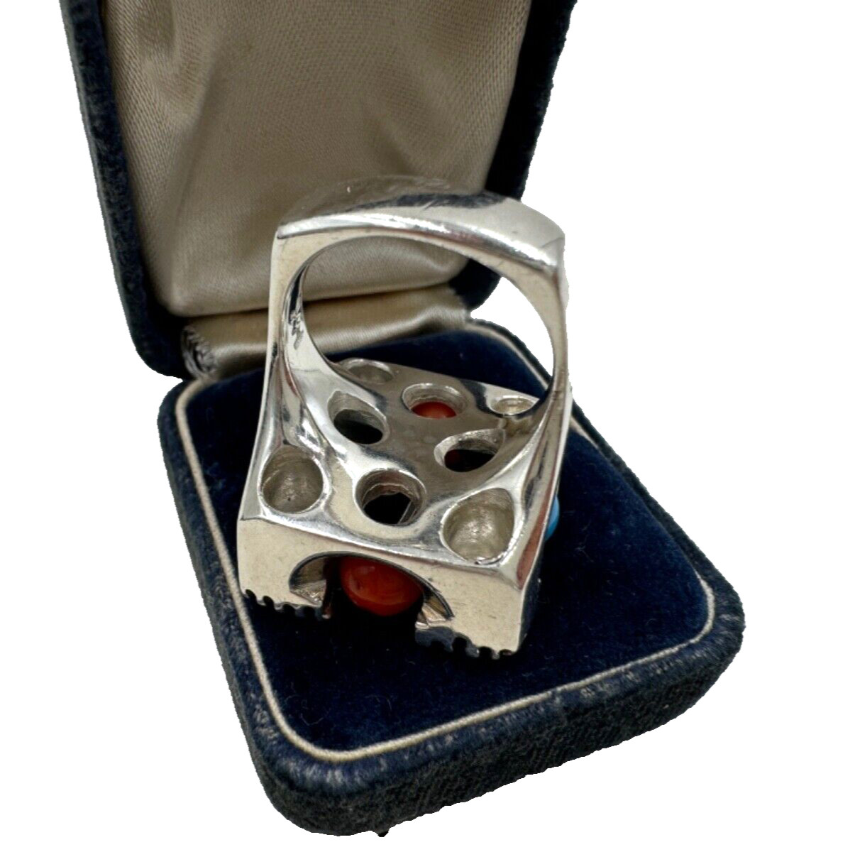 GORG SETTING STERLING SILVER LARGE RING CORAL BLU… - image 7