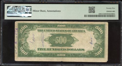 1934 $500 Federal Reserve Note Bill FRN FR-2202-E. Certified PMG 25 (Very Fine) - Picture 2 of 2