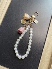 Rose Flowers Bag Charm Keychain Key Ring Car Charm Pink ivory Faux Pearl Strap