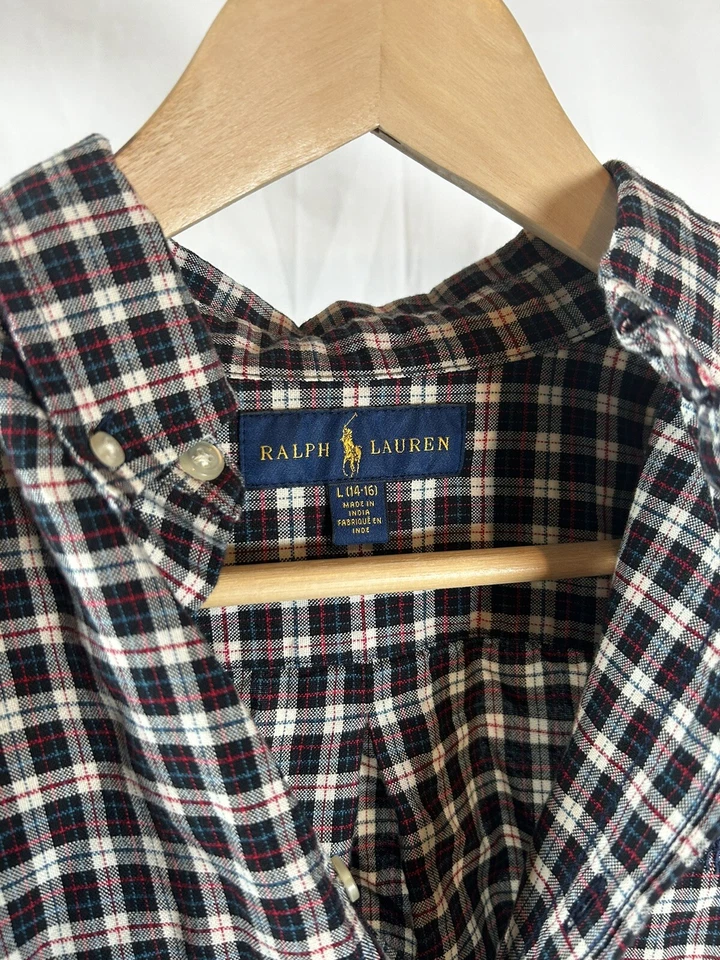 Camisa Polo Ralph Lauren Franela Niños Grande 14-16 Negra A Cuadros Manga Larga Foto 3 de 4