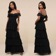 Lulus Always Remarkable Black Pleated Off-the-Shoulder Maxi Dress Size Medium
