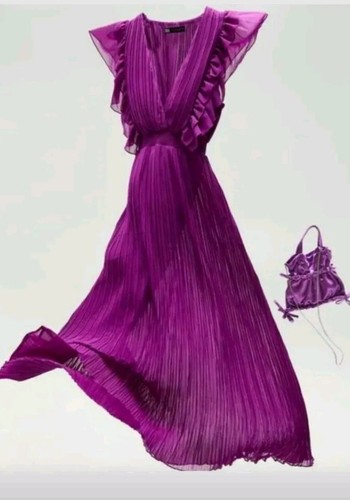 💜 Zara Purple Pleated Ruffle Midi Design Dress UK S 8 Bloggers Fave - Picture 6 of 9