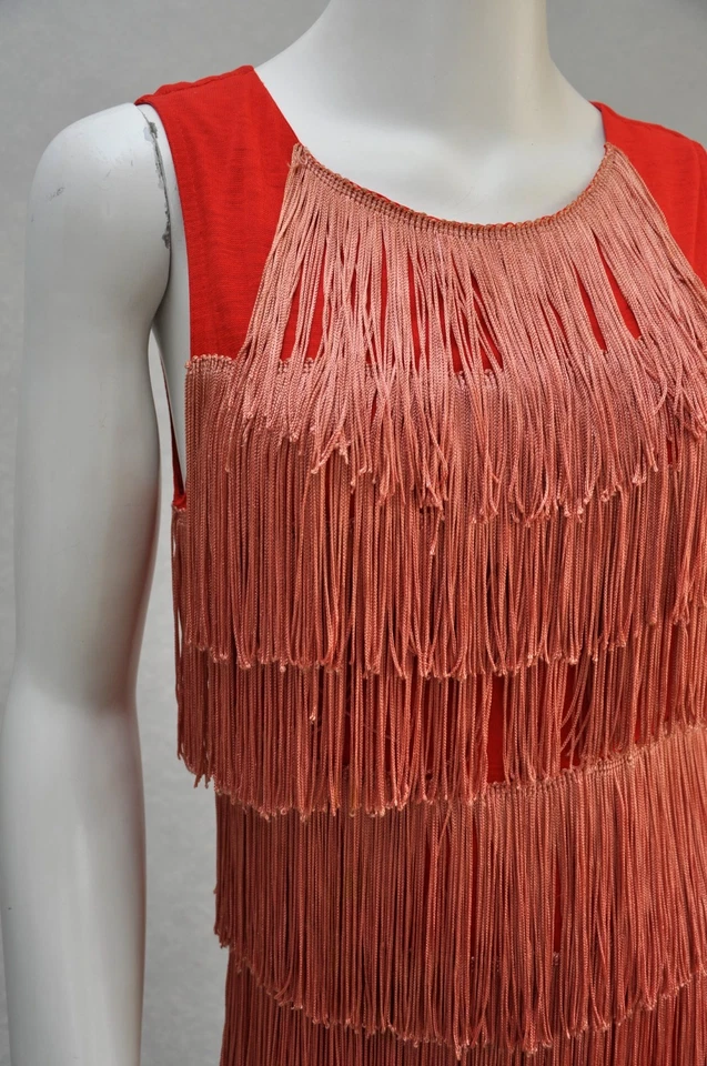 Vestido de fiesta vintage años 60 naranja rojo sin mangas flecos aleta nuevo XS/S Foto 3 de 4