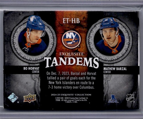 Bo Horvat & Mathew Barzal Tandems /25 2024-25 UD Exquisite Collection #ET-HB - Bild 2 von 2