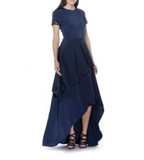 Navy Blue Hi-Low Gown with Beaded Short Sleeves, Formal Round Neck Dress