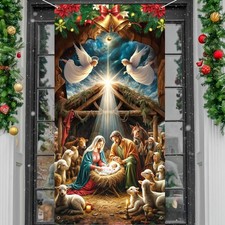 Nativity Christmas Door Covers for Front Doors Decoration Religious Holy Night J