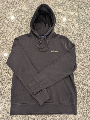 Jack & Jones Men s Gray Pullover Hoodie L Fleece Logo Pockets Drawstring