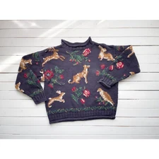 vtg Bushwacker navy blue deer rabbit dog bird hand knit sweater