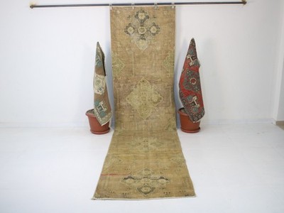 3x12 Turkish Handmade Runner Rug Brown Beige Vintage Distressed 3.0x11.8 ft