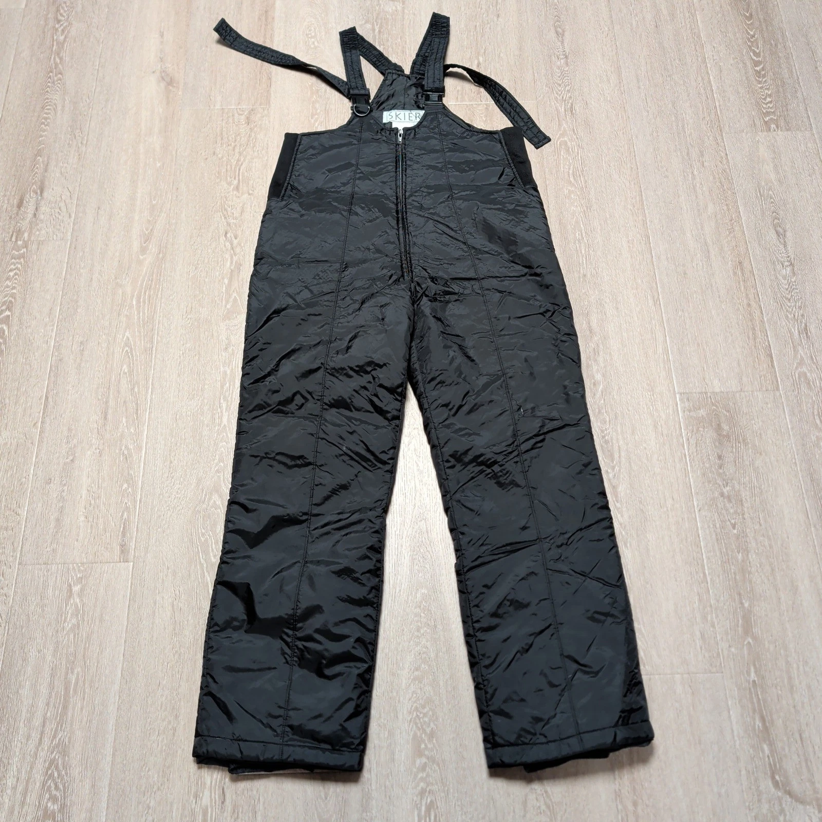 Vintage 90s Skier Snow Bibs Mens M Black Insulated Ski Pants Overalls Adjustable