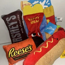 Lot Of 4 Dog Toys Reese’s Hershey Bar Hotdog Bark Box Happy Meal Crinkle Squeak