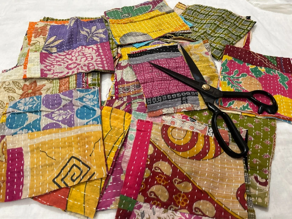 Vintage Kantha quilt scraps, Pre Cut Kantha Square Fabric Bohemian Charm Pack 50 - Image 2 of 4