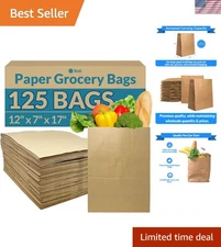 Grocery Paper Bags Extra Heavy Duty 125 Pack 12x7x17 Bulk Brown Kraft Bags