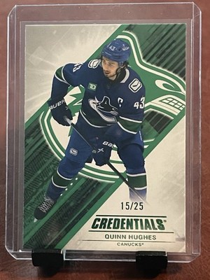 2024-25 Upper Deck Credentials Quinn Hughes #48 Green /25 Vancouver Canucks