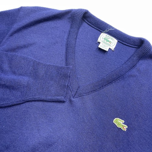Vtg 1970s Izod Lacoste V-Neck Sweater Croc Logo Blue Size Medium Made USA - Picture 1 of 7