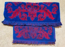 Lady Pepperell Bath Towel Set Blue Red Floral Fringe USA Vintage