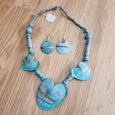 Boho India Turquoise Patina Heart Necklace Earrings Set Tribal Ethnic Statement