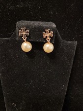 Tory Burch Logo Rose Gold Round Champagne Pearl Drop Earrings Classic