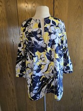 Chaps Pullover Cotton Tunic Navy Yellow Floral 3/4 Sleeves Women's XL Pre-owned