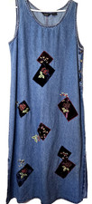 VTG 90s Y2K Agapo Denim Overall Midi Maxi Dress L Embroidered Patch Cottagecore