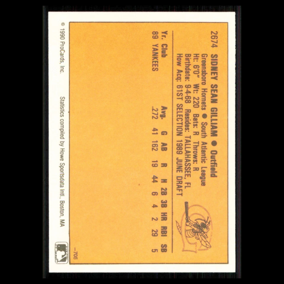 Sean Gilliam #2674 1990 ProCards Greensboro Hornets Baseball Card MLB NM - Image 2 of 3