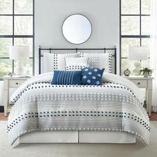 Blue Striped Dots King Size Comforter Sets, 7 Piece, Jaquard Clip Bedding Sets