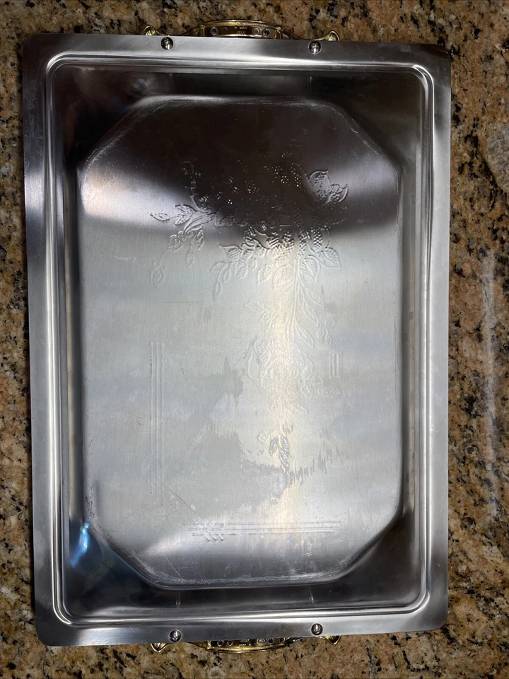 复古米高梅 Inox 18/10 服务托盘花卉金色蚀刻意大利 — 第 2/4 张图片