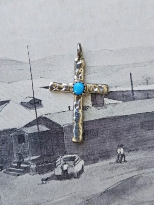 Native American Sandcast Sterling Silver & Turquoise Cross Pendant