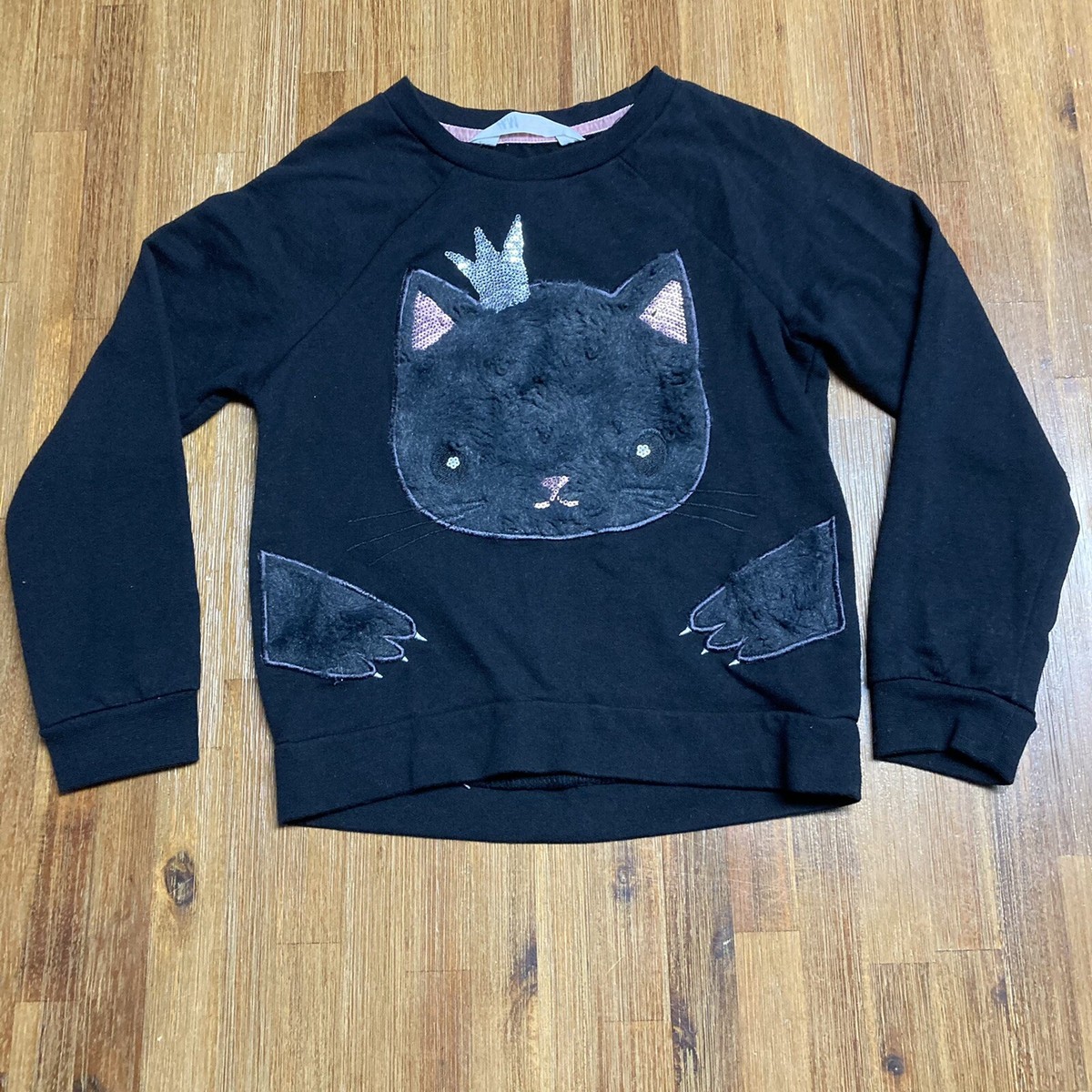 H&M Girls Black Cat with Crown Sweater Sweatshirt, Sequin