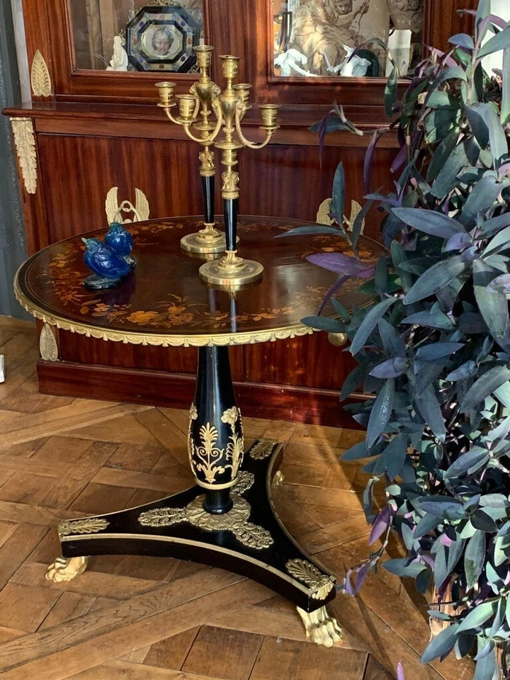 Mesa de centro de marquetería Empire Revival c.1900 bronce dorado H.B. Herts Sons Foto 3 de 4