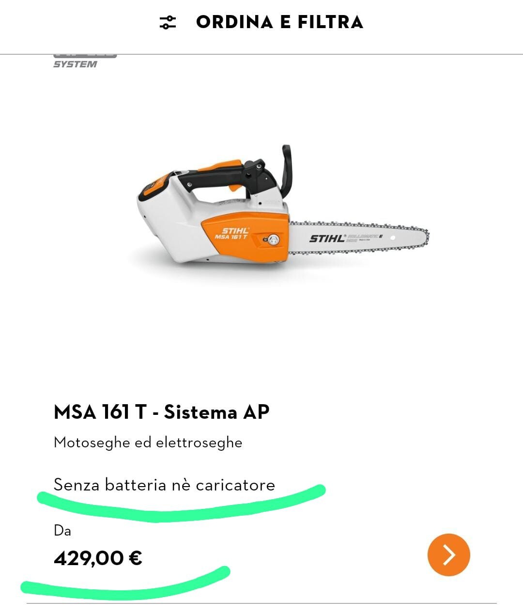 STIHL MSA 161 T 36V Motosega Professionale Venduta Senza BatteriaECaricabatteria