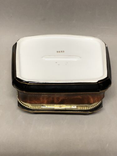 Fancy Ceramic Square Hinged Trinket Box Brown Marbled Black Band Gold Trim - Foto 10 di 11