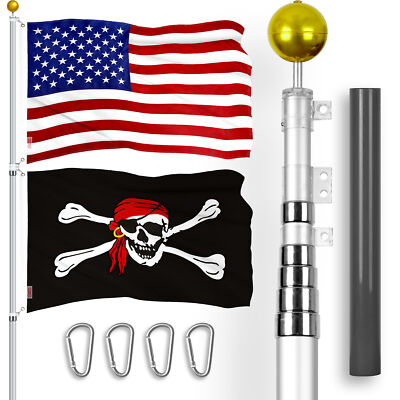 20Ft Telescoping Flagpole SV & USA and Pirate Head Scarf Flags Emb 300D 3x5Ft