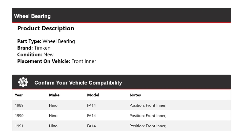 Cojinete de rueda interior delantero Timken 1990 para Hino FA14 1989-1991 Foto 2 de 3