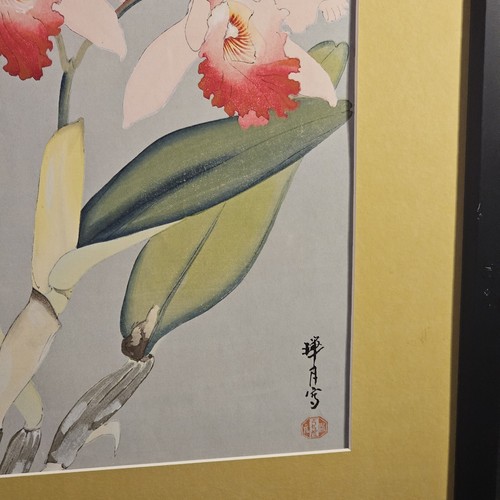 Orchids Woodcut Zuigetsu Ikeda Japanese 20x17 Framed Matted 1940s Floral VTG - Picture 2 of 9