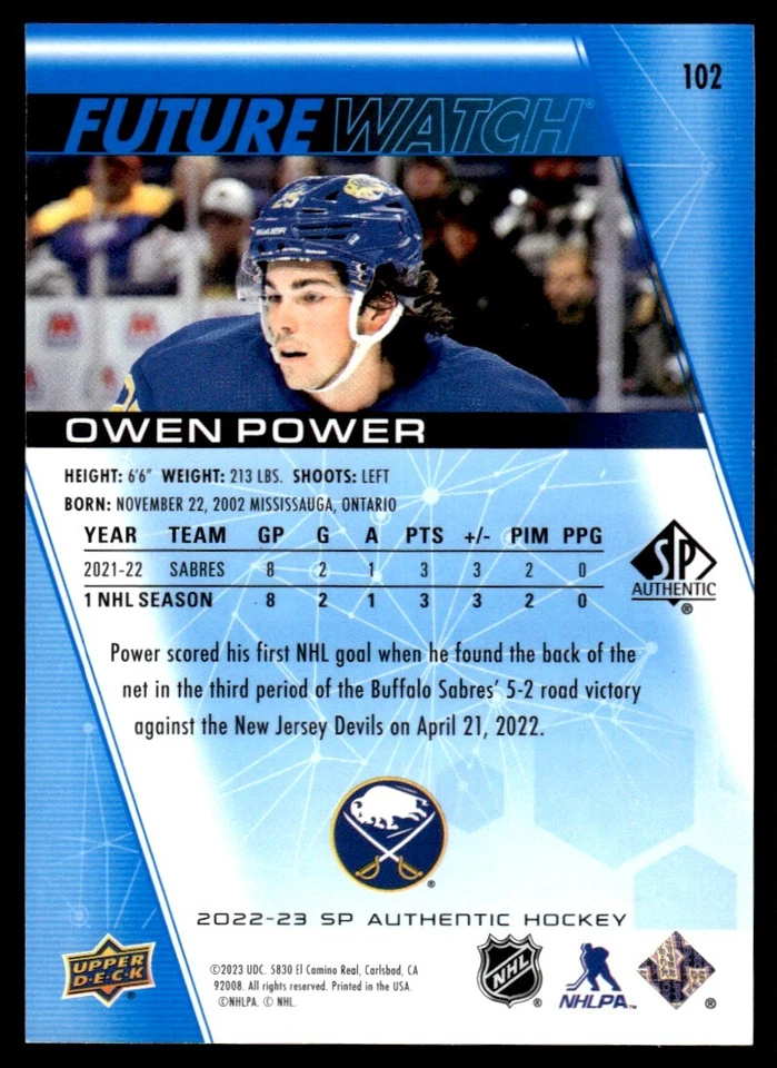 2022-23 SP Authentic FUTURE WATCH /399 Owen Power Buffalo Sabres #102 - Image 2 of 2