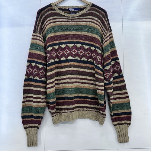 Polo Ralph Lauren Herren gestreifter handgestrickter Aztekenpullover Seide Leinenmischung Large LESEN - Bild 6 von 16