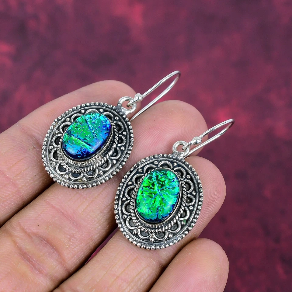 Pendientes de plata maciza 925 hechos a mano con piedras preciosas de ópalo triplete verde joyas para mujer Foto 2 de 4