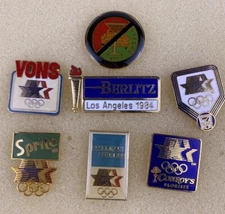 1984 Los Angeles Olympics pins Set of 7, LAPD, Sprite, 7-11, Amex, Vons, Conroys