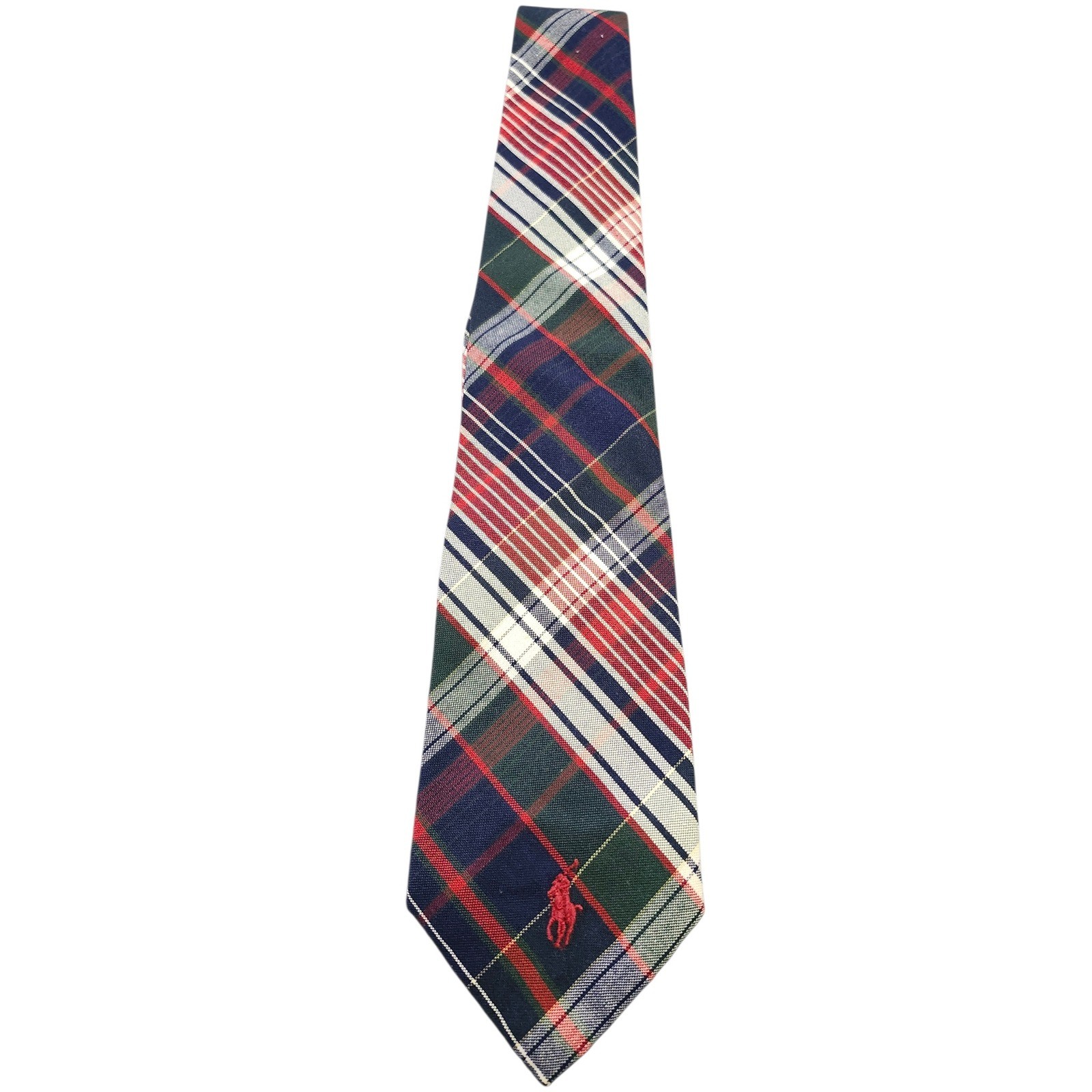 Polo Ralph Lauren Vintage Plaid Silk Tie Red Pony Logo Navy Green Tartan Preppy