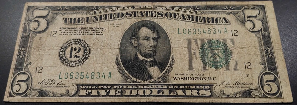 1928 $5 Federal Reserve Note "Big 12" San Francisco! Gold Clause! Fr# 1950 L. - Image 2 of 4