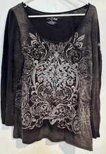 Women’s RXB Gray & Black Embellished Long Sleeve Blouse With Scoop Neck Size XL