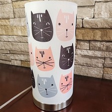 Whimsical Cat Face Cylinder 12" Lamp Plug-in Pastel Fabric Bedside Desk Kawaii