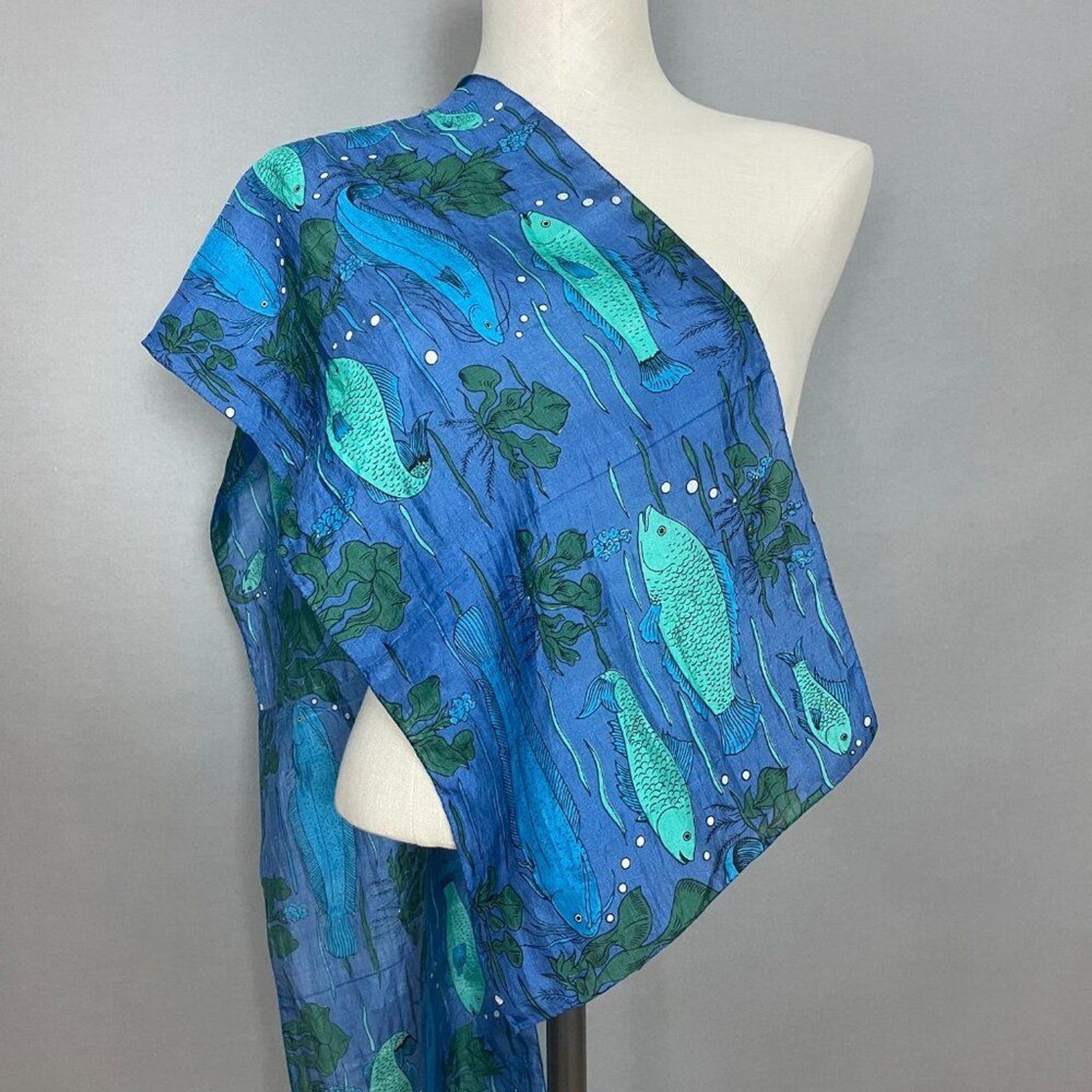 Fish Scarf Rectangular Long Blue Green Eclectic A… - image 11