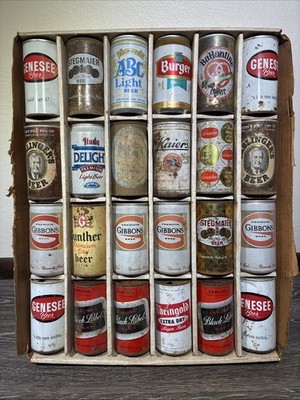 Vintage Beer Cans Lot 24 + CAN-TOTE Shipper Box BCCA Genesee Gibbons Carling