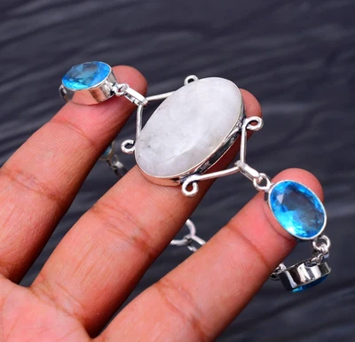 Mondstein und Blautopas Edelstein:925 Sterling Silber Handarbeit Armband Schmuck - Bild 1 von 4