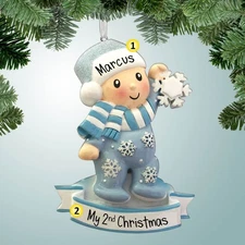 Personalized Baby Boy in Pajamas Holding Snowflake Christmas Ornament